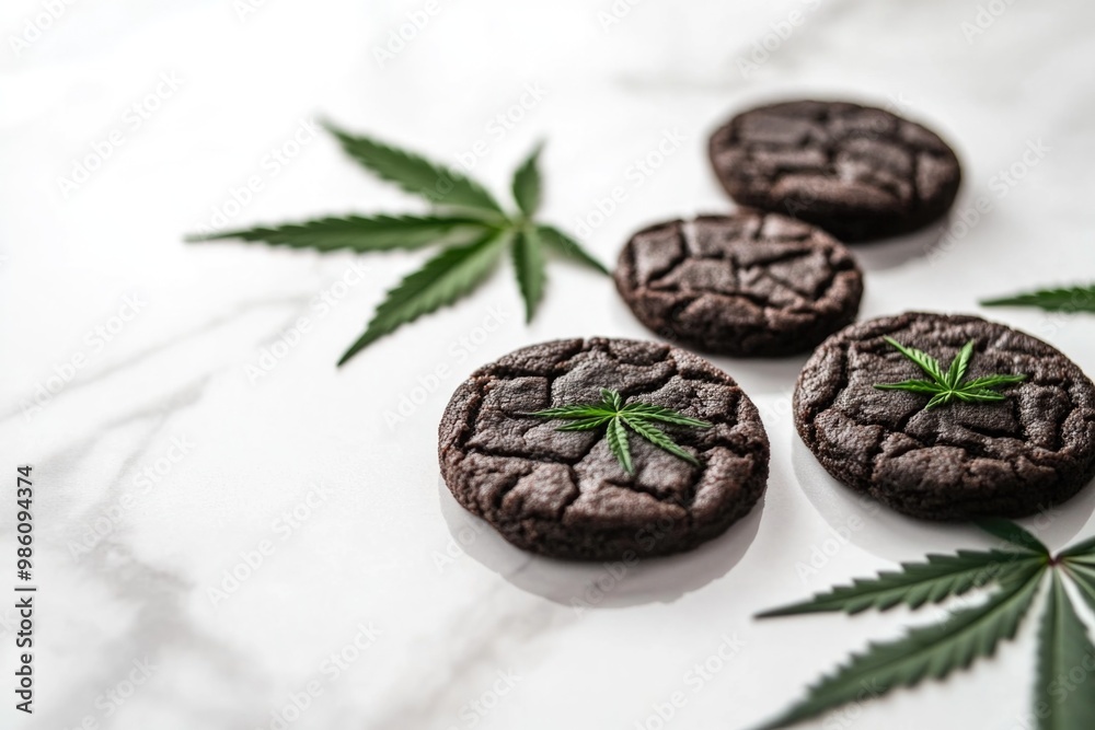 Obraz premium Cannabis-Themed Chocolate Cookies with Decorative Hemp Leaves - Ideal for Edible Marketing, Recipes, and Lifestyle Publications