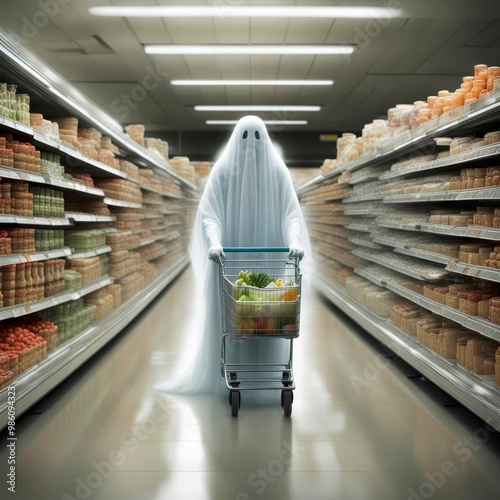 Ein Geist im weißen Gewand mit einem Einkaufswagen im Supermarkt photo