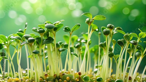 Fresh green rau muong sprouts with water droplets on green background photo