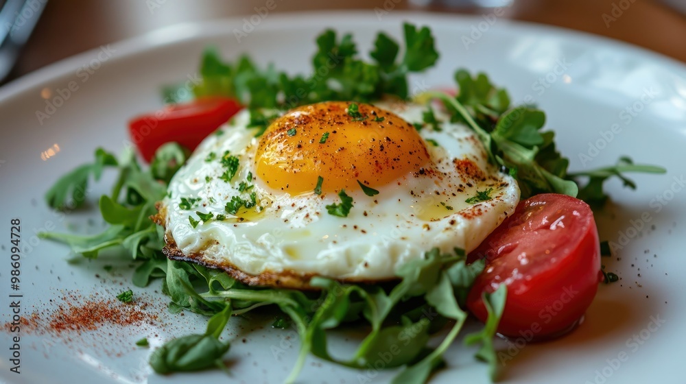 A beautifully plated breakfast with fried eggs garnished with a blend of spices and served with fresh greens and tomatoes.