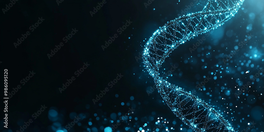 Abstract futuristic DNA double helix with glowing blue dots on a dark background, a digital technology concept