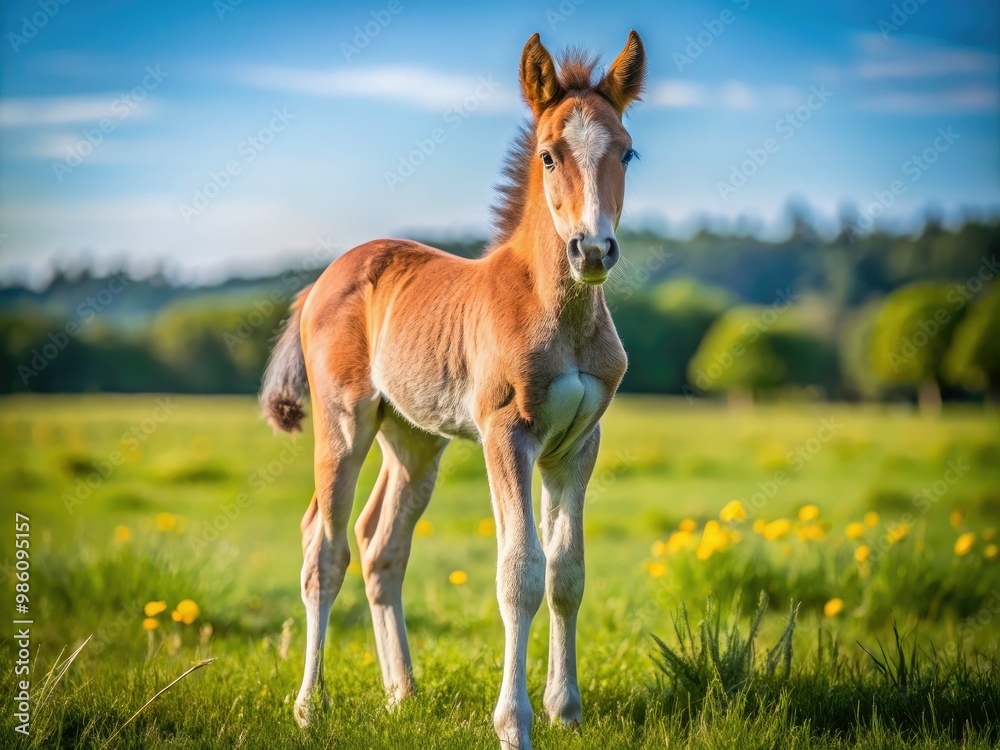 Golden light illuminates the foal's fluffy coat, highlighting the delicate features of its innocent face, a picture of pure joy. Golden light illuminates the foal's fluffy coat, highlighting the delicate features of its innocent face, a picture of pure joy.