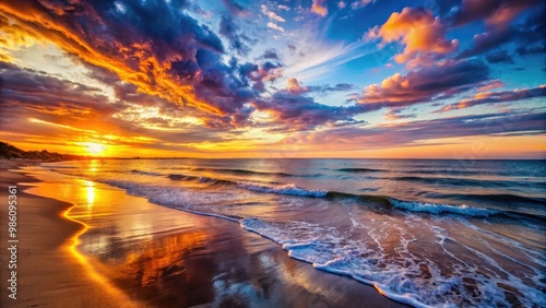 Golden sunset casts a warm glow over a peaceful beach  as gentle waves rhythmically kiss the shore  inviting relaxation and a moment of tranquility.