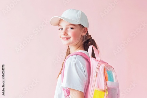 girl wearing a baseball cap, a school backpack with a colorful transparent pocket in front of a pink background. 