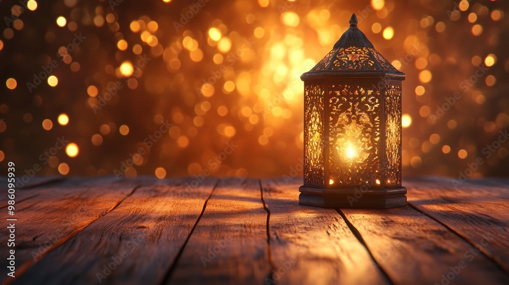 Ornate Lantern on Wooden Surface with Bokeh Background.