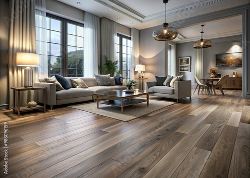 In a room bathed in gentle light  the warm grey hardwood floor s intricate design shines with understated beauty.