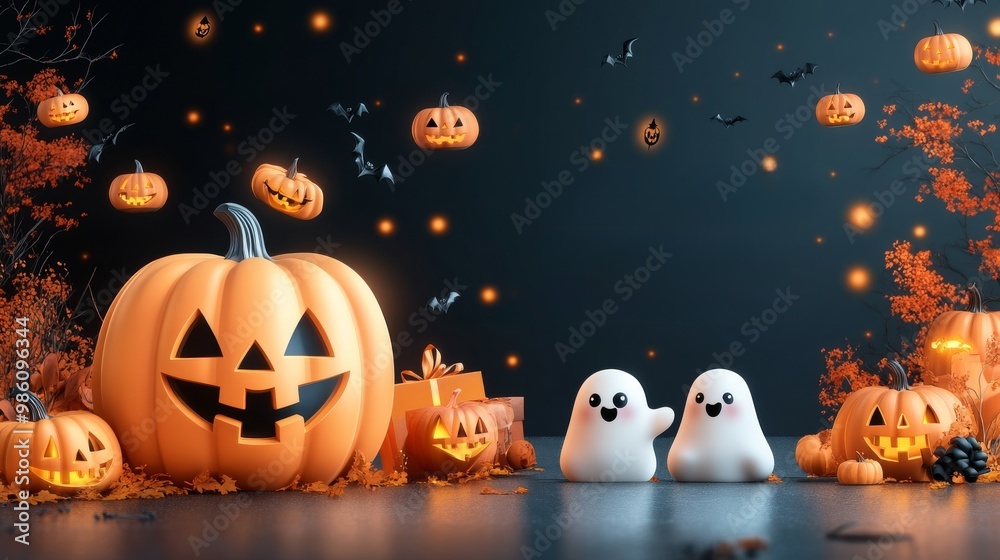 halloween background with pumpkins and cute ghosts halloween background with pumpkins and cute ghosts