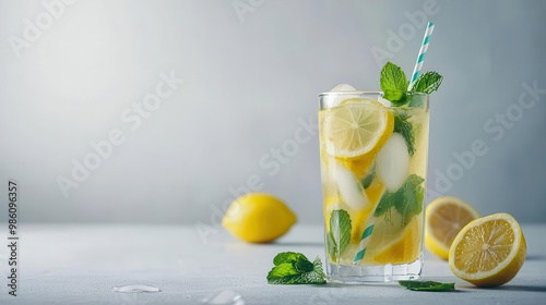 Refreshing mint lemonade in a glass garnished with fresh lemon slices, perfect for summer hydration and relaxation.