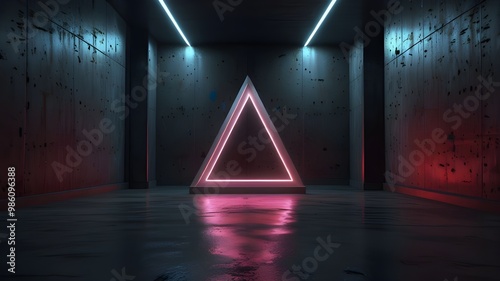 Futuristic Sci Fi Triangle White Neon Tube Lights Glowing In Concrete Floor Room With Refelctions Empty Space 3D Rendering Generative AI photo