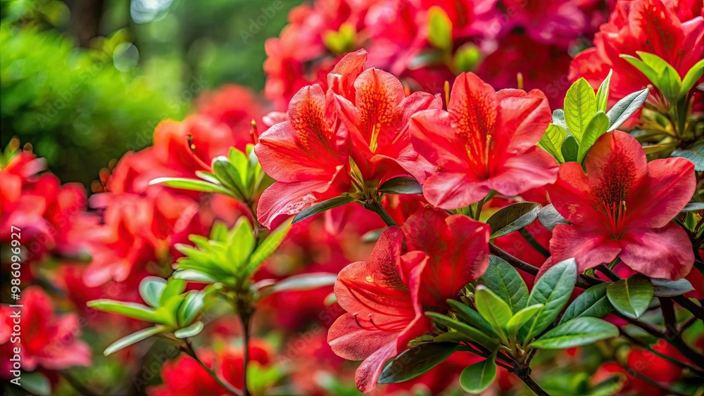 In full bloom, azaleas stand tall amidst verdant foliage, their radiant red petals shimmering like jewels in the sunlight. In full bloom, azaleas stand tall amidst verdant foliage, their radiant red petals shimmering like jewels in the sunlight.