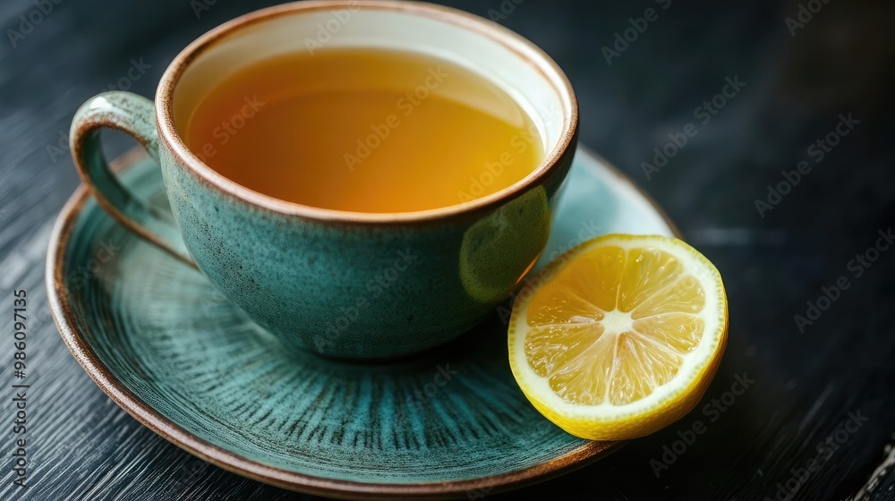 A refreshing cup of herbal tea served with a slice of lemon on a rustic plate, perfect for relaxation and rejuvenation. A refreshing cup of herbal tea served with a slice of lemon on a rustic plate, perfect for relaxation and rejuvenation.