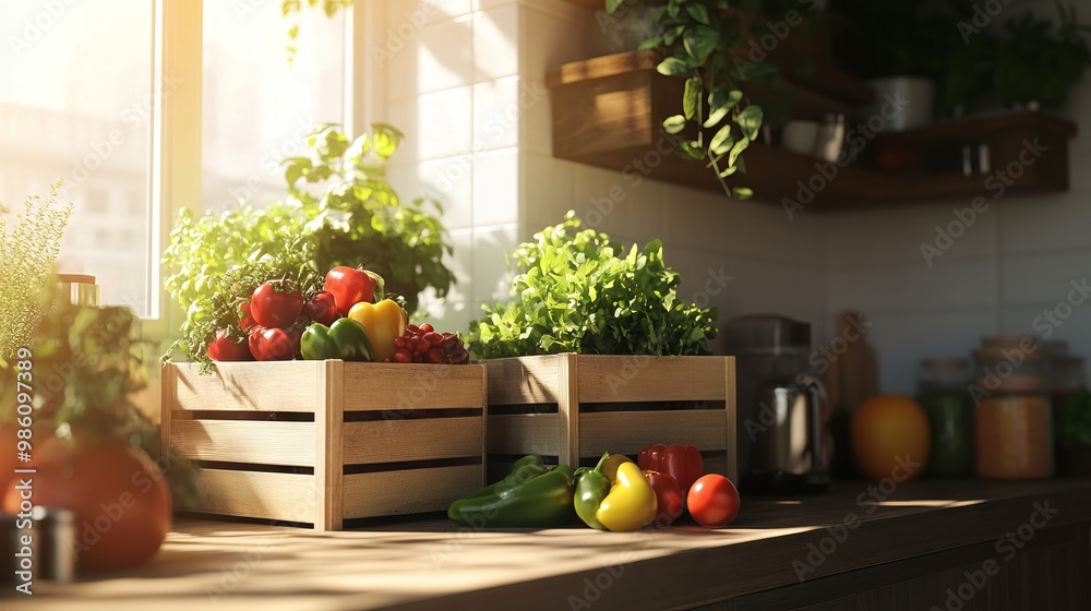 Fresh Organic Food Displayed on Wooden Crates in a Modern Kitchen. AI generated illustration Fresh Organic Food Displayed on Wooden Crates in a Modern Kitchen. AI generated illustration