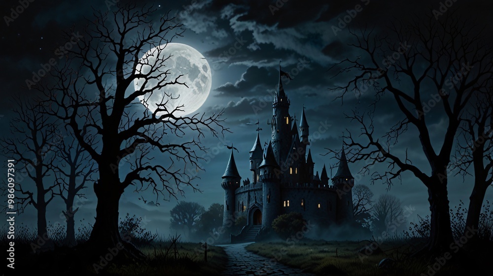 Fototapeta premium A haunted castle against a full moon, with spooky trees and fog in the background, perfect for Halloween background