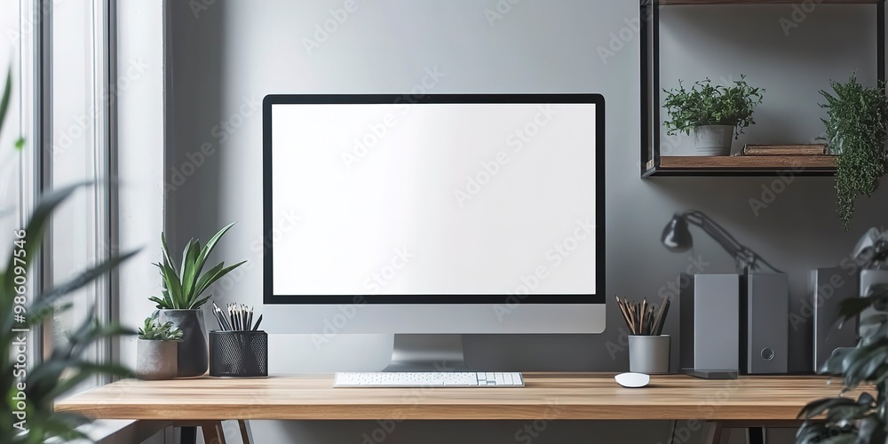 Workspace desk with pc and blank screen desktop computer in minimal office room with decorations and copy space. Mock up for advertisement,text,logo and other Workspace desk with pc and blank screen desktop computer in minimal office room with decorations and copy space. Mock up for advertisement,text,logo and other