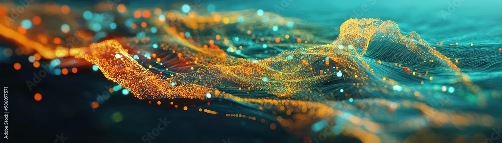 Vibrant abstract illustration of flowing particles and waves, showcasing a captivating blend of colors and light effects.
