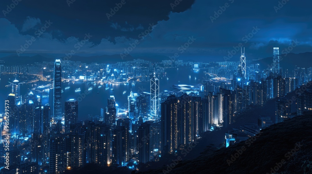 Obraz premium A beautiful night view of a luxury city from the top of a hill, with glowing lights and tall buildings, digitally rendered with dynamic detail