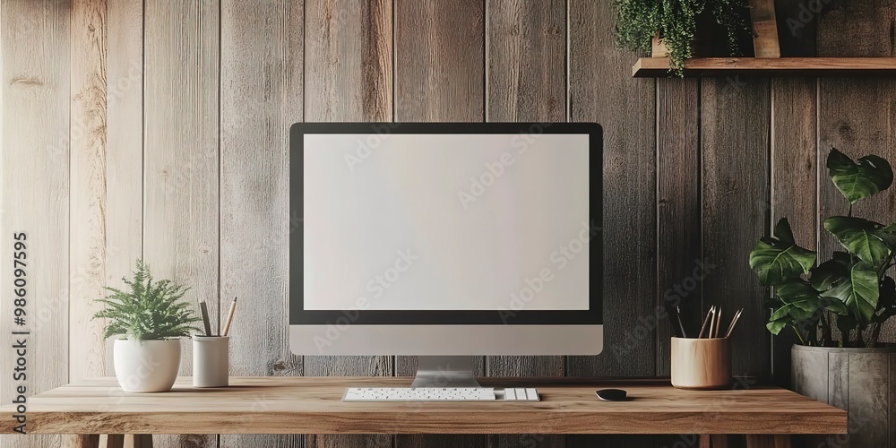 Workspace desk with pc and blank screen desktop computer in minimal office room with decorations and copy space. Mock up for advertisement,text,logo and other Workspace desk with pc and blank screen desktop computer in minimal office room with decorations and copy space. Mock up for advertisement,text,logo and other