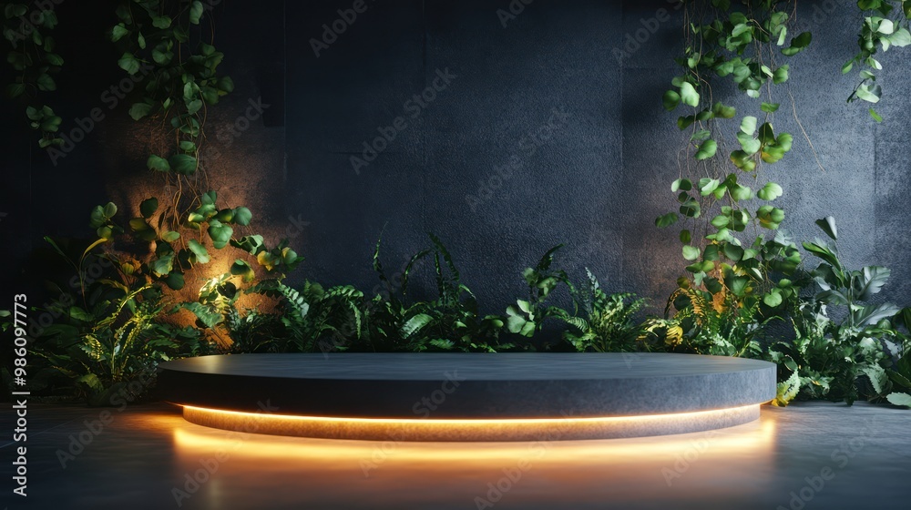 Illuminated Round Podium with Green Plants on a Dark Concrete Background.
