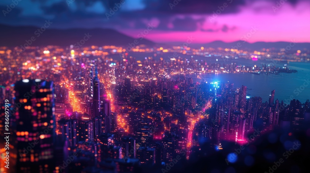 A stunning view of a city at night from the top of a hill, with glowing buildings and vibrant lights, digitally rendered in luxurious detail A stunning view of a city at night from the top of a hill, with glowing buildings and vibrant lights, digitally rendered in luxurious detail