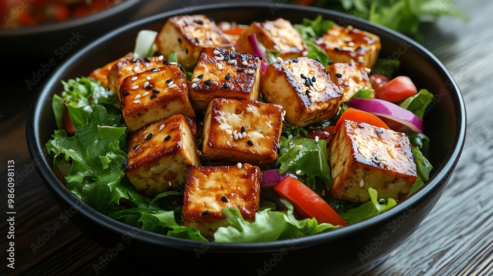 Close up of a bowl of tofu salad with lettuce, tomato, and red onion. Close up of a bowl of tofu salad with lettuce, tomato, and red onion.