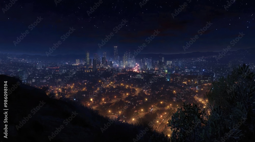 Beautiful night view of a city from a hilltop, featuring glowing streets and towering skyscrapers, luxuriously rendered in a computer-generated scene Beautiful night view of a city from a hilltop, featuring glowing streets and towering skyscrapers, luxuriously rendered in a computer-generated scene