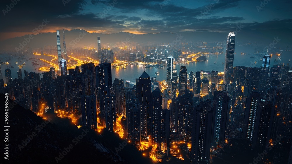 Fototapeta premium Stunning digital rendering of a luxury cityscape at night, seen from a hilltop with illuminated streets and skyscrapers glowing in the distance