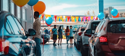 Columbus Day Car Dealership Sale Event with Colorful Balloons and Excited Customers photo