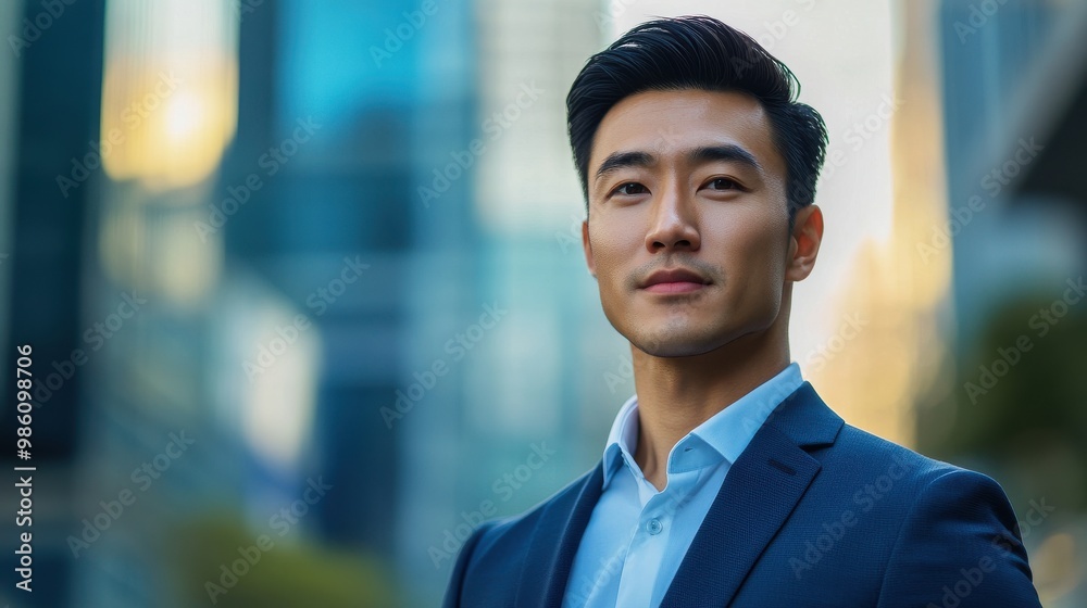 Portrait of a handsome Asian businessman in a suit, looking at the camera against a blurred city background. Portrait of a handsome Asian businessman in a suit, looking at the camera against a blurred city background.