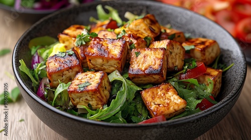 Delicious tofu salad with fresh vegetables and herbs.