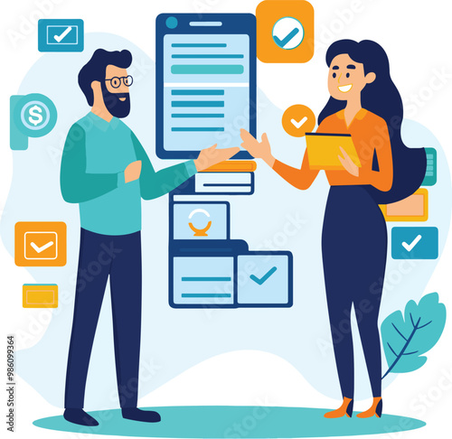 A positive customer service interaction, showcasing a representative engaging with a client using digital devices.