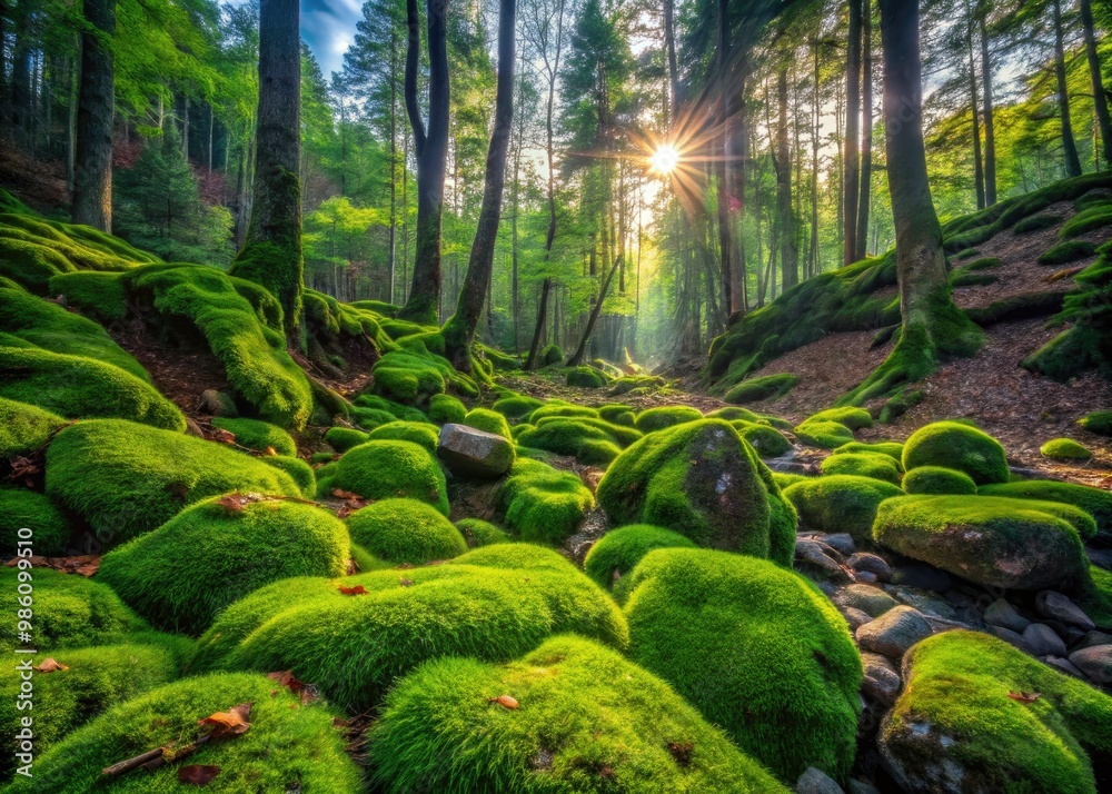 Lush green moss blankets the rugged stones in a tranquil forest, showcasing nature's vibrant textures and creating a peaceful sanctuary for exploration and reflection. Lush green moss blankets the rugged stones in a tranquil forest, showcasing nature's vibrant textures and creating a peaceful sanctuary for exploration and reflection.