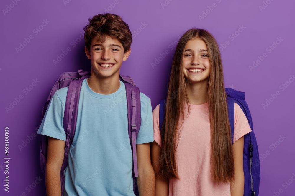12 years old boy and girl, a schoolboy and schoolgirl with school backpack on there back standing next to each other on a purple background 12 years old boy and girl, a schoolboy and schoolgirl with school backpack on there back standing next to each other on a purple background