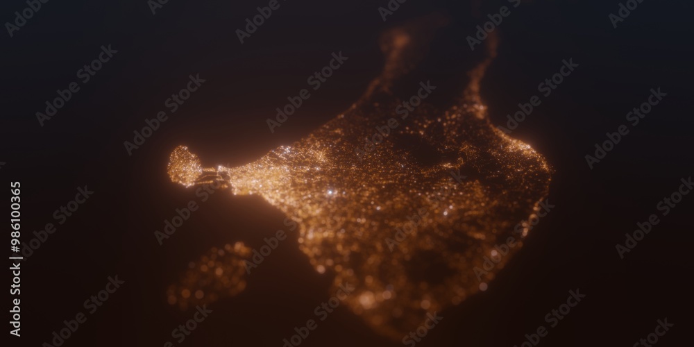 Obraz premium Street lights map of Bali (Indonesia) with tilt-shift effect, view from east. Imitation of macro shot with blurred background. 3d render, selective focus