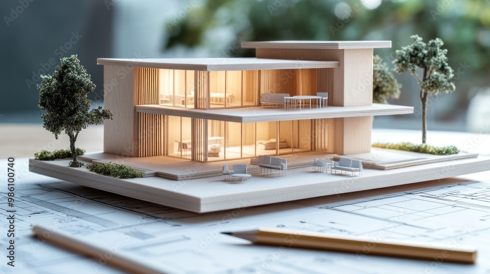 A wooden model of a modern house sits on top of a blueprint with a pencil nearby. A wooden model of a modern house sits on top of a blueprint with a pencil nearby.
