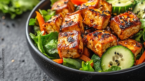 Vegetarian tofu salad often includes ingredients like mixed greens, cucumbers, carrots, and bell peppers for a colorful, crunchy base