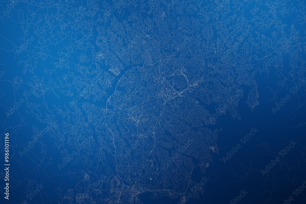 Stylized map of the streets of Kampala (Uganda) made with white lines on abstract blue background lit by two lights. Top view. 3d render, illustration Stylized map of the streets of Kampala (Uganda) made with white lines on abstract blue background lit by two lights. Top view. 3d render, illustration