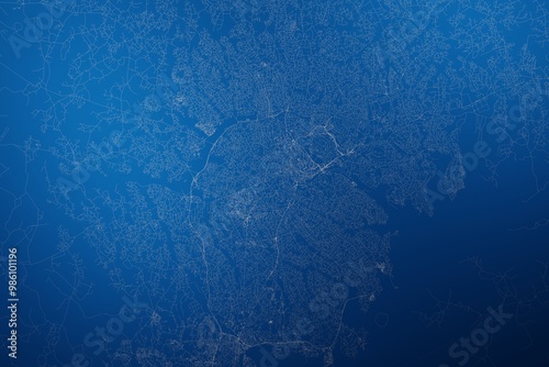 Stylized map of the streets of Kampala (Uganda) made with white lines on abstract blue background lit by two lights. Top view. 3d render, illustration