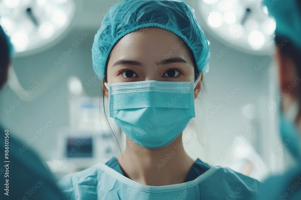 Woman Doctor in Hospital Suit and Medical Mask in an Operating Room. AI generated illustration Woman Doctor in Hospital Suit and Medical Mask in an Operating Room. AI generated illustration