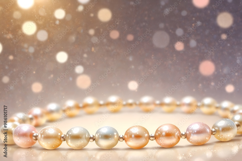 A luxurious pearl necklace featuring soft, glowing pearls arranged in a delicate strand, illuminated by warm bokeh lights, symbolizing elegance and timeless beauty.