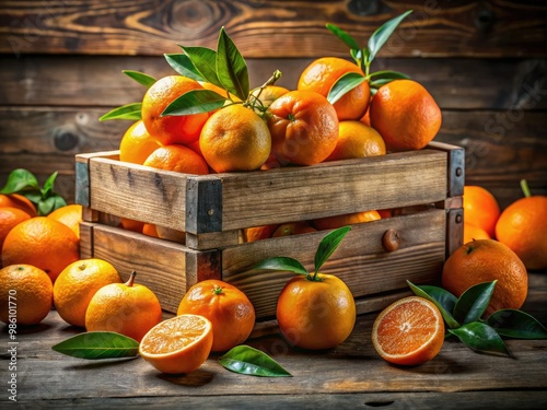 Oranges spill from a rustic wooden crate, a burst of citrusy radiance spreading joy and inviting the senses to indulge in their sweetness.