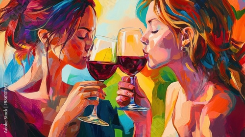 Two women toasting with wine in a colorful, abstract oil painting.