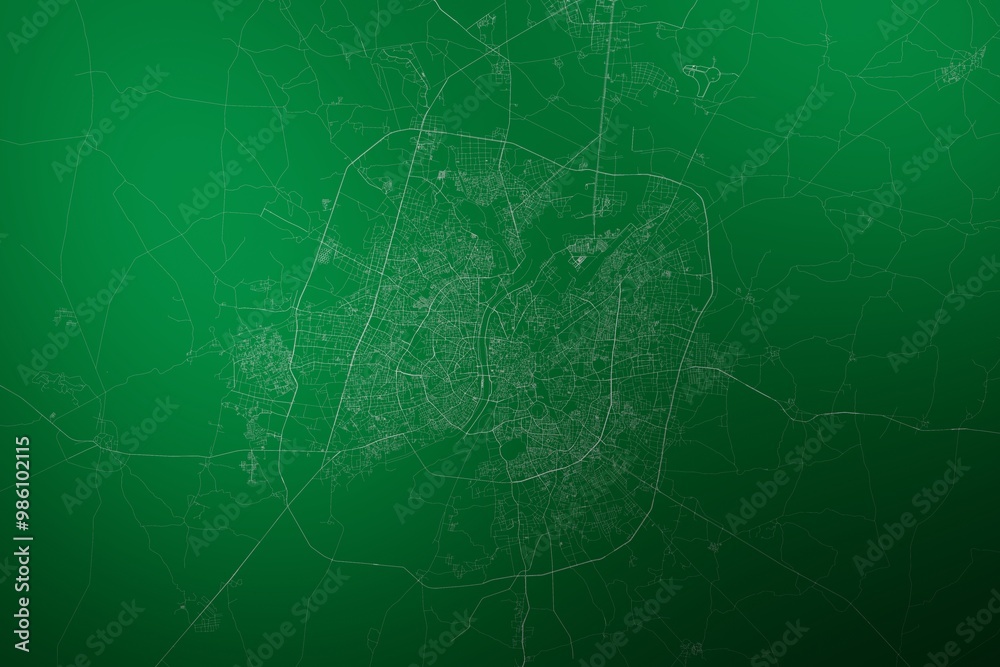 Map of the streets of Ahmedabad (India) made with white lines on abstract green background lit by two lights. Top view. 3d render, illustration Map of the streets of Ahmedabad (India) made with white lines on abstract green background lit by two lights. Top view. 3d render, illustration