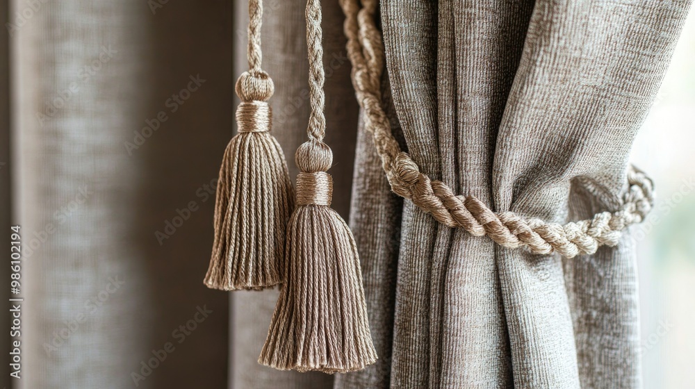 © Suphawan - A close-up of a curtain with decorative tassels and a textured fabric, adding a luxurious touch to the interior design. © Suphawan - A close-up of a curtain with decorative tassels and a textured fabric, adding a luxurious touch to the interior design.