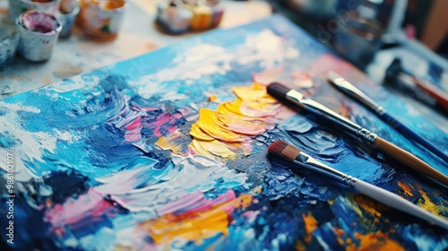 A close-up of a canvas covered in colorful acrylic paints, with two paint brushes lying on top.