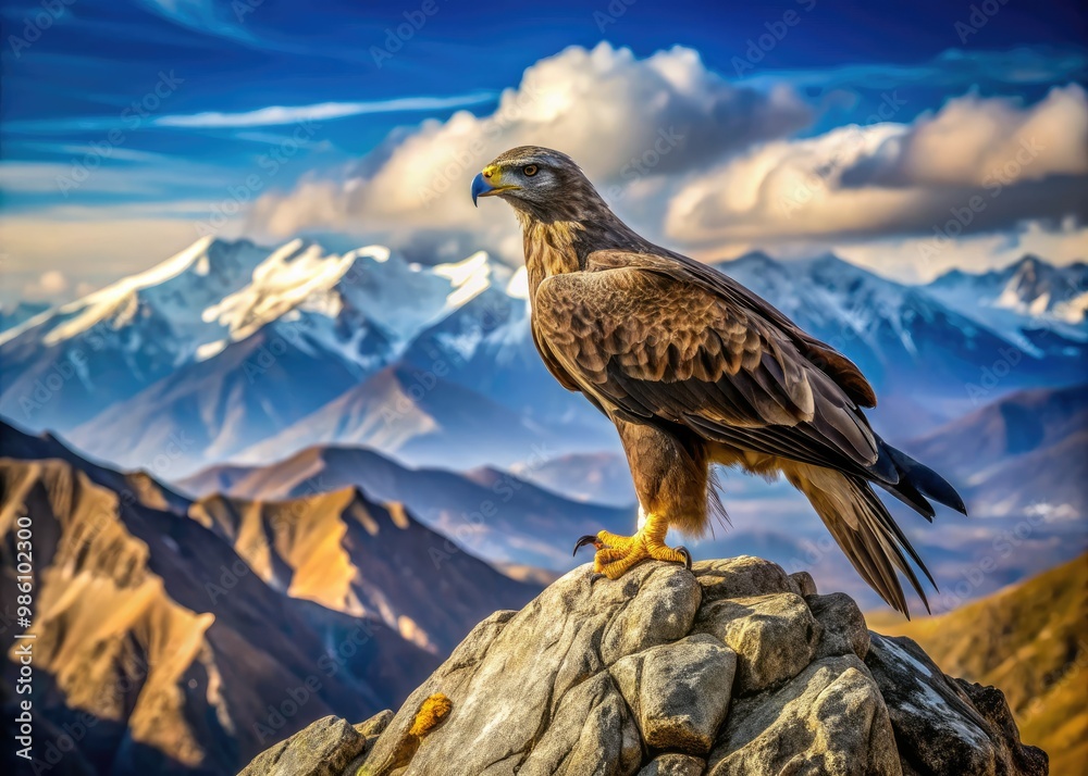 Fototapeta premium Perched on a jagged outcropping, a fierce bird of prey surveys the distant peaks, its sharp-edged talons grasping the rugged stone.