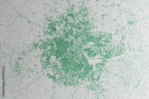 Map of the streets of Bangalore (India) made with green lines on white paper. 3d render, illustration