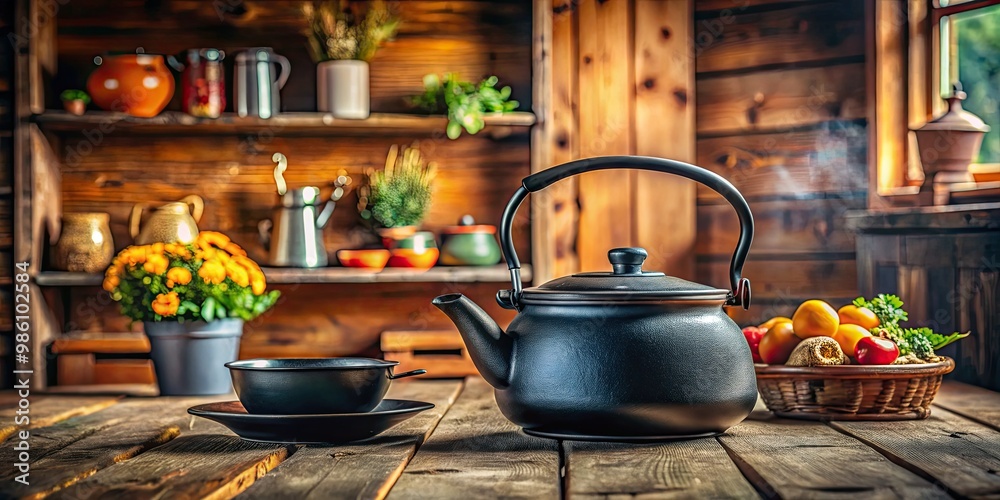 Placed against a rustic kitchen, a black pot and kettle sit on a wooden table, basking in the warm glow of natural light around them. Placed against a rustic kitchen, a black pot and kettle sit on a wooden table, basking in the warm glow of natural light around them.