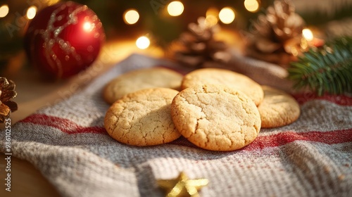 Delicious cookies arranged on a festive cloth, surrounded by holiday decorations and warm lights, capturing the essence of Christmas cheer.