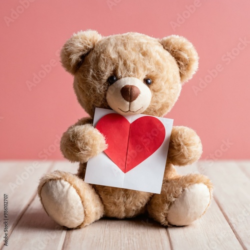 Adorable brown Teddy Bear Holding a white paper with a red Heart: A Sweet and cute Valentine's Day message template, romantic gifting ideas. 