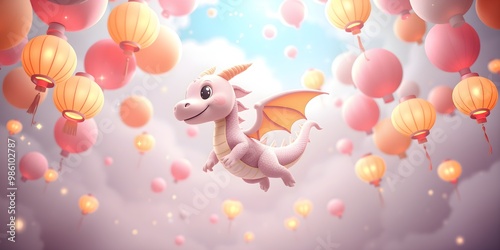 Pastel Dragon Flying Through a Balloon Sky: Magical Atmosphere